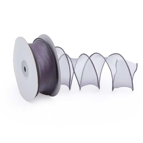 Лента декоративная с волнистым краем 38.0 мм / 18.29±1 метров, 100% органза, (темно-серый)