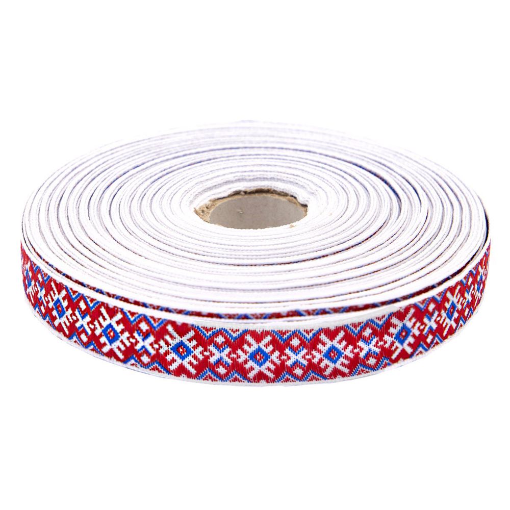 Лента (тесьма) жаккардовая 18.0 мм / 25±1 метров, Славянский орнамент Оберег, рис.9651 (1 белый/красный/синий) С3771Г17