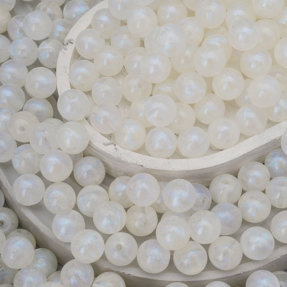 Бусины акрил ⌀12 мм, 500 г, дымка с АВ шиммером, круглые, AD069 белый, (7748709)2012 , Astra&Craft