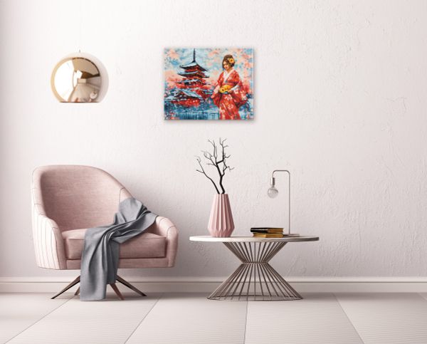 Алмазная (кристальная) мозаика Фрея ALPD-273, на подрамнике Японка у пагоды, 50х40 см