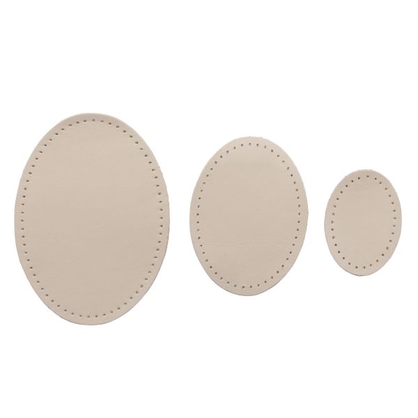 Набор заплаток пришивных из кожи, овал 4х5,5см, 6х8,2см, 8х10,9см, с перфорацией, 3 шт (06 бежевый), 9404