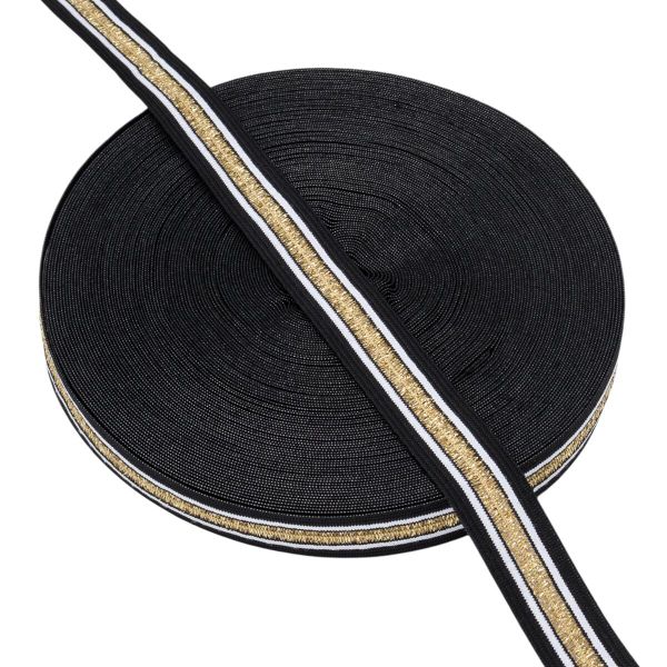 Тесьма лампасная эластичная 20 мм / 25 метров, черный/золото