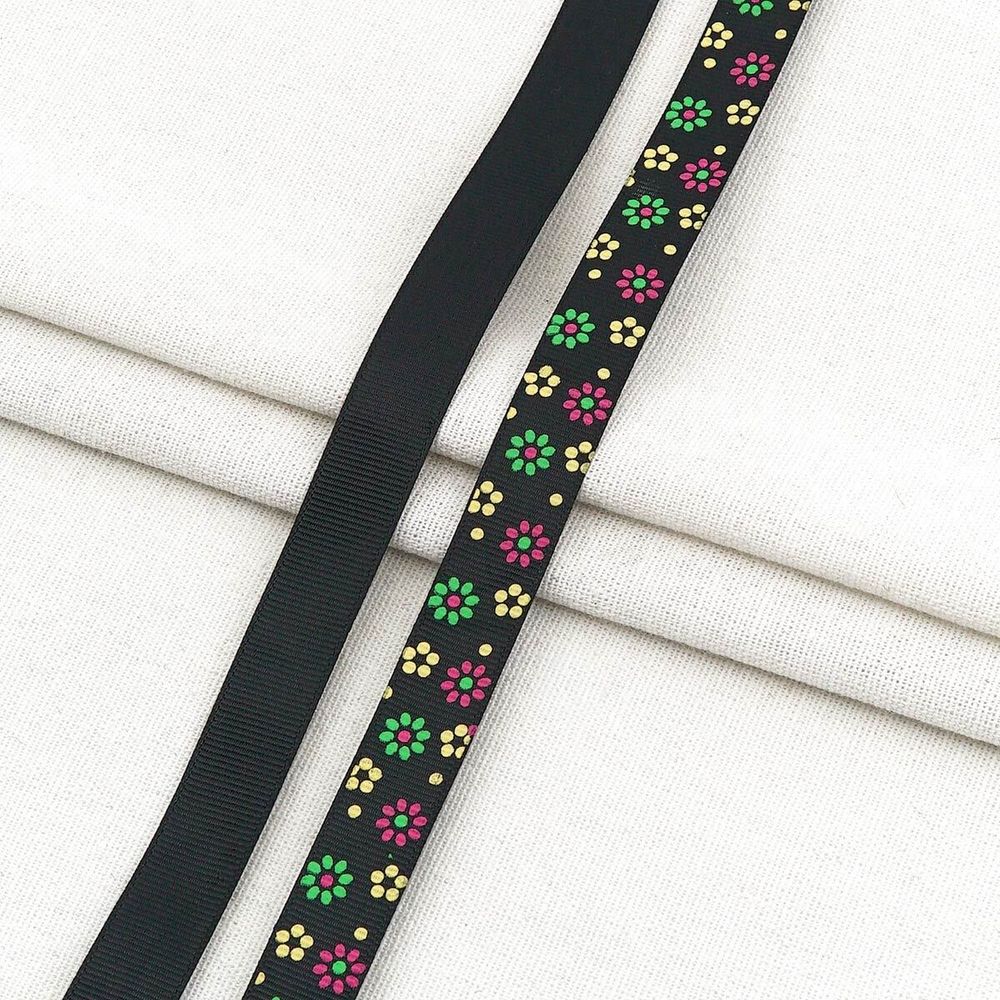 Лента репсовая (в рубчик) с принтом 15.0 мм / 45.72 метра, Цветочки мелкие 2, 15151 черный