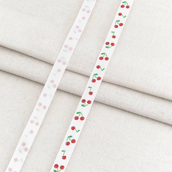 Лента репсовая (в рубчик) с принтом 10.0 мм / 45.72 метра, Вишенки 1012 белый