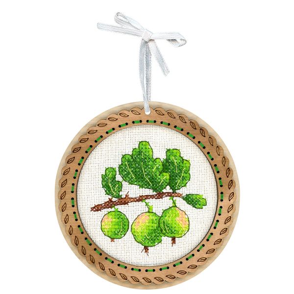 Набор для вышивания нитками МП Студия О-130, на деревянной основе Миниатюра. Дачные ягоды. Крыжовник 10х10 см