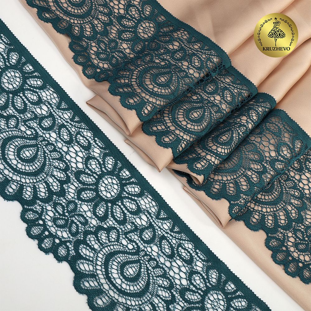 Кружево эластичное (стрейч) 90 мм, цв.222 изумрудно-синий, 25м, Kruzhevo