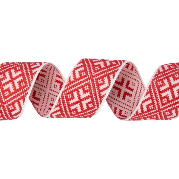 Лента (тесьма) жаккардовая 32.0 мм / 25 метров, Орнамент для северных народов, рис 9894 белый/красный, Gamma С3774