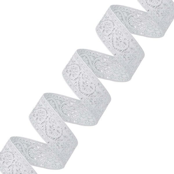 Лента (тесьма) жаккардовая 32.0 мм / 25±1 метров, с метанитом рис. 9819, белый/серебро, С3104Г17