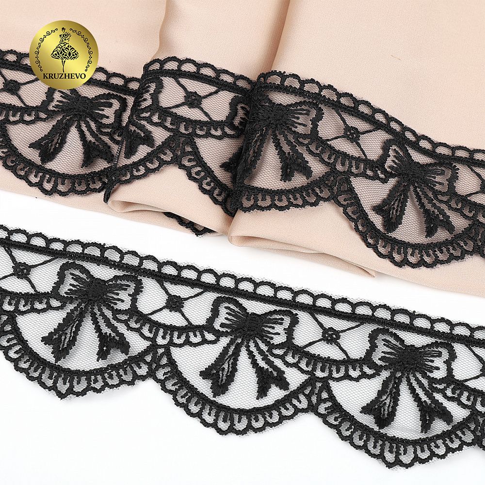 Кружево на сетке матовая нить с бантиками 60 мм, цв.черный, 10 метров, Kruzhevo