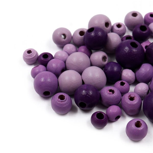 Бусины дерево набор со шнуром 6, 8, 10, 12 мм, фиолетовый микс, 21 г, 90 шт/упак, Astra&Craft, 160817
