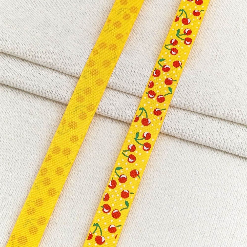 Лента репсовая (в рубчик) с принтом 15.0 мм / 45.72 метра, Вишенки 1507 желтый