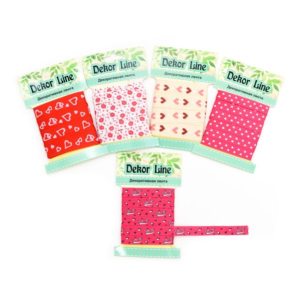 Набор декоративных лент с принтом (5 упак по 3м), Ассорти 1 Сердечки