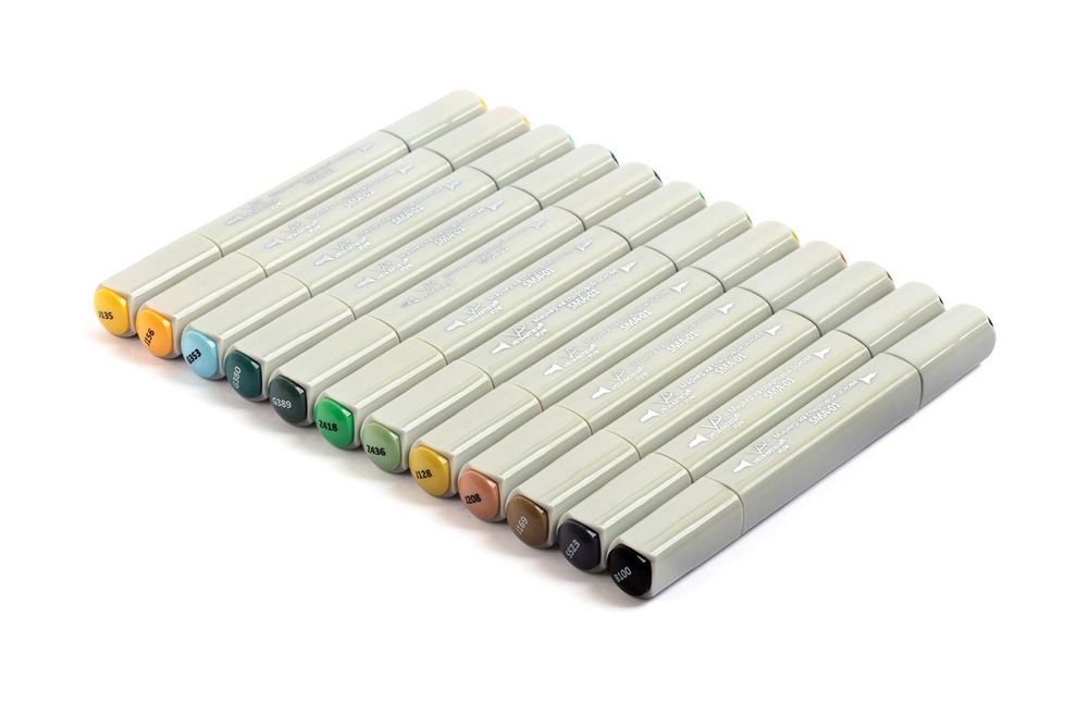 Набор маркеров на спиртовой основе 0.7 - 7 мм, 12 цв. перо круглое/скошенное, 09 -Лесной пейзаж, Vista-Artista SMA-12