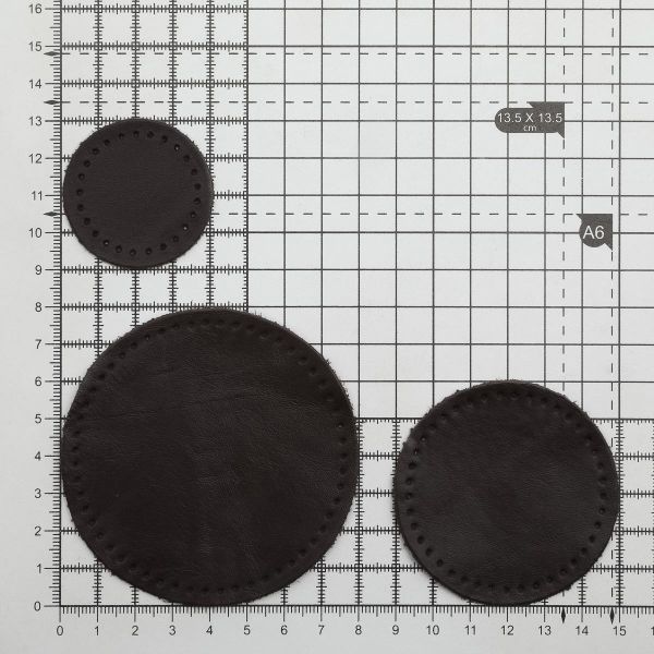 Набор заплаток пришивных из кожи, круг ⌀4см, 6см и 8см, с перфорацией, 3 шт, 100% кожа (03 темно-коричневый), 9401