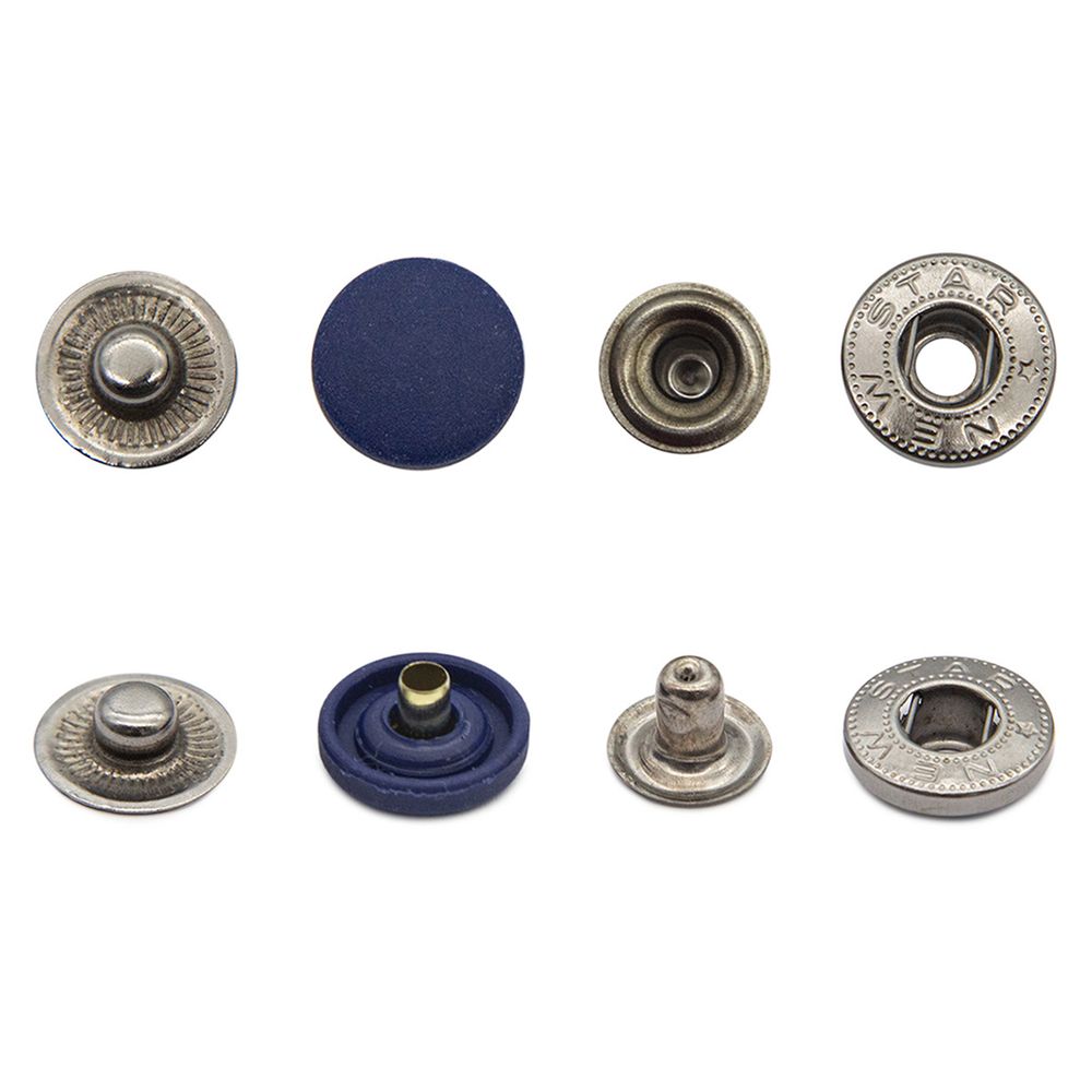 Кнопка Альфа (S-образная) ⌀15.0 мм, ≈72 шт, шляпка пластик + отв.части МЕТАЛЛ, 569 т.синий + отв.части чер.никель, NEW STAR