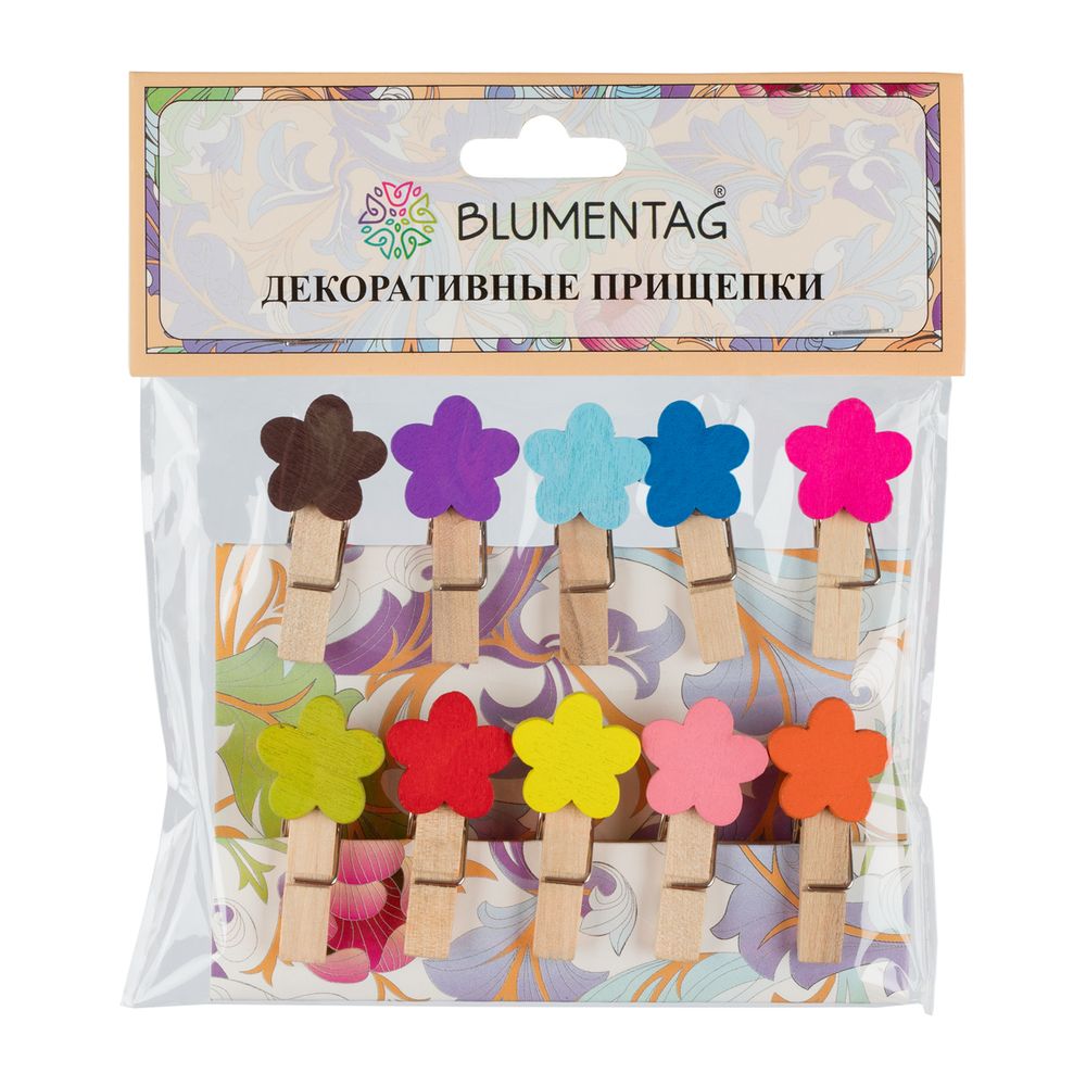 Прищепки декоративные 50 шт (5х10 шт), 3.5 см, F01 Разноцветные цветочки, Blumentag WCLF-35