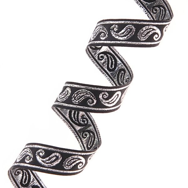 Тесьма декоративная металлизированная Пейсли 15 мм / 25 метров, 15006 черный/серебро