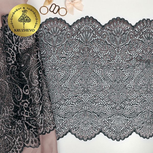 Кружево бельевое эластичное 225 мм / 3 м, TBY.40992, цв.L168 серебристый пион+черный, Kruzhevo