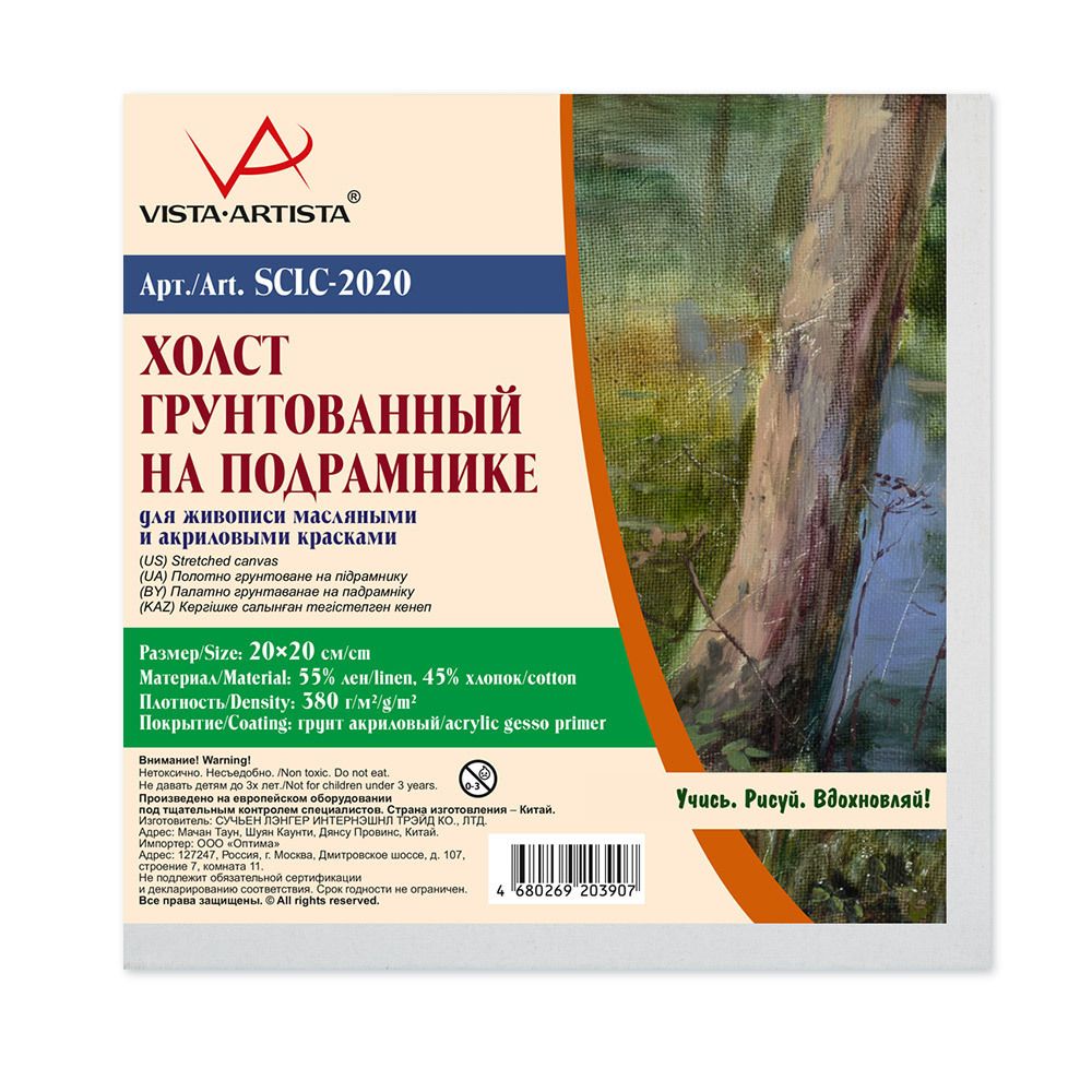 Холст на подрамнике грунтованный 20х20 см, 380 г/м², 2 шт, мелкозернистый, Vista-Artista SCLC-2020