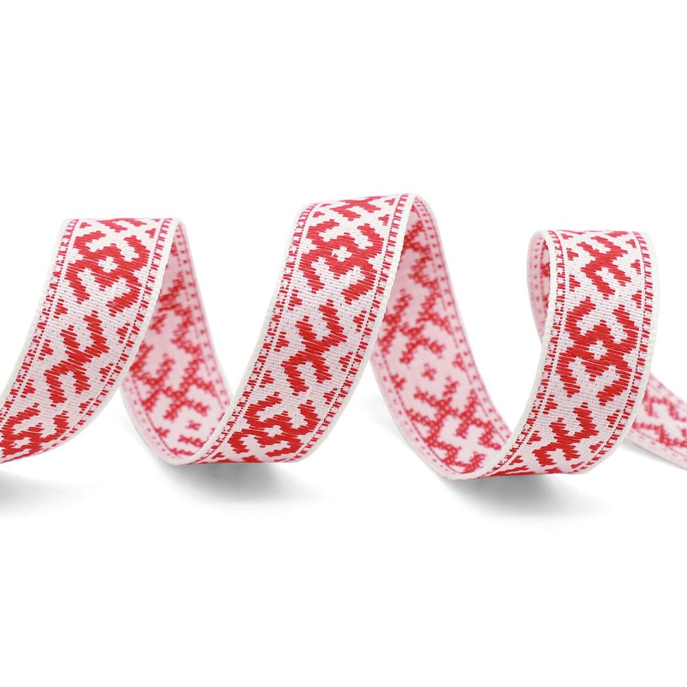 Лента (тесьма) жаккардовая 18.0 мм / 25±1 метров, Славянский орнамент Оберег, рис. 9711 (01 белый/красный) С3771Г17