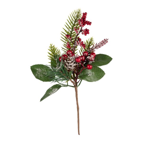 Веточка декоративная заснеженная с ягодами и шишкой 23 см, 6 шт, 01, Blumentag VDD-64