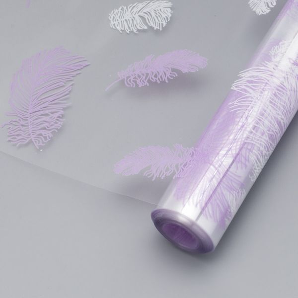 Пленка цветная 40мкм, 60 см / 9 метров ±5%, Перышки, белый/сиреневый светлый, 105877