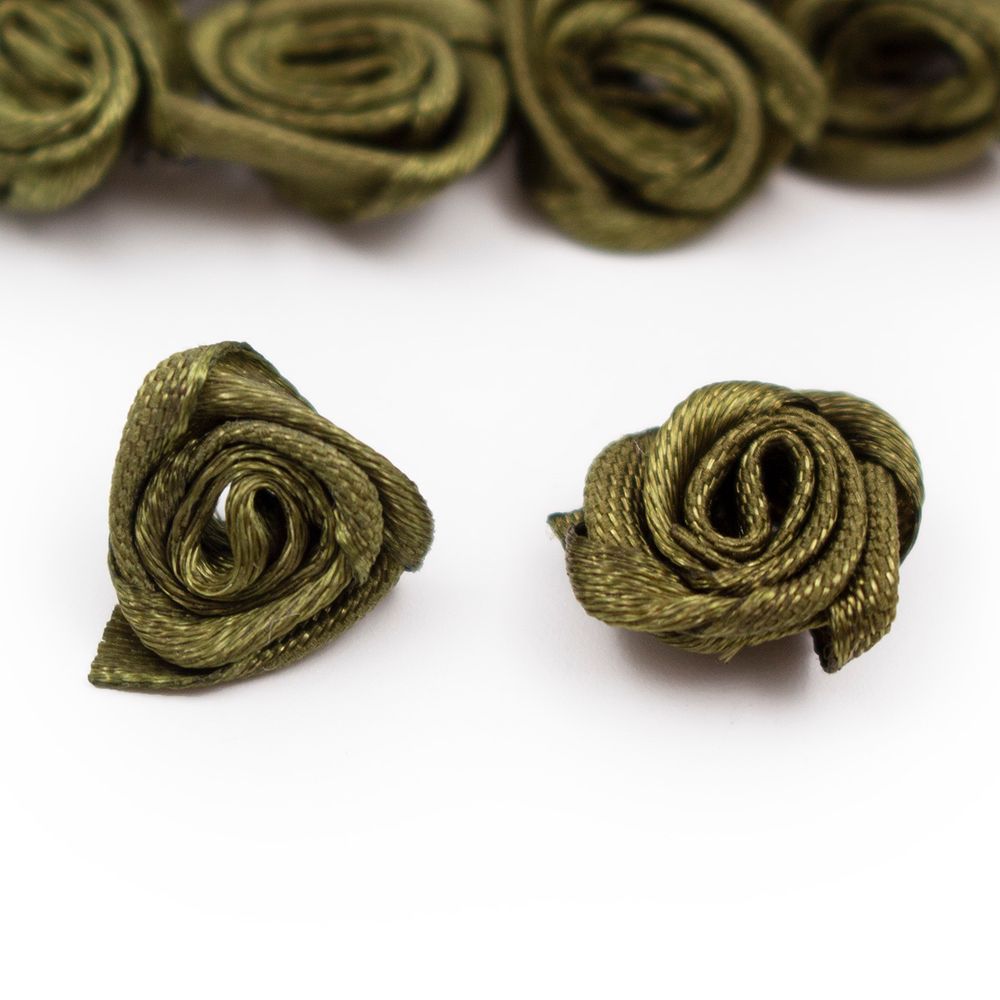 Цветок пришивной атласный Роза 15 мм, т.оливковый, 1 шт
