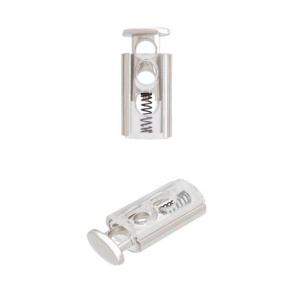 Фиксатор (зажим) для шнура металл 2 отв., ⌀4.0 мм (12х27 мм), прозрачная вставка пластик, никель, ГУБ13527, 10 шт