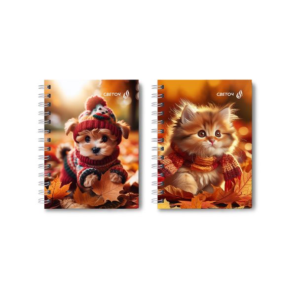 Записная книжка с твердым переплетом, глянцевая ламинация, на гребне A6 80 л. 4 шт клетка, Осенние модники 01588, ЗК221 Светоч