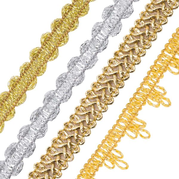 Тесьма отделочная металлизированная 10, 13, 15 мм / 1 метр, набор 4 шт, золото,серебро