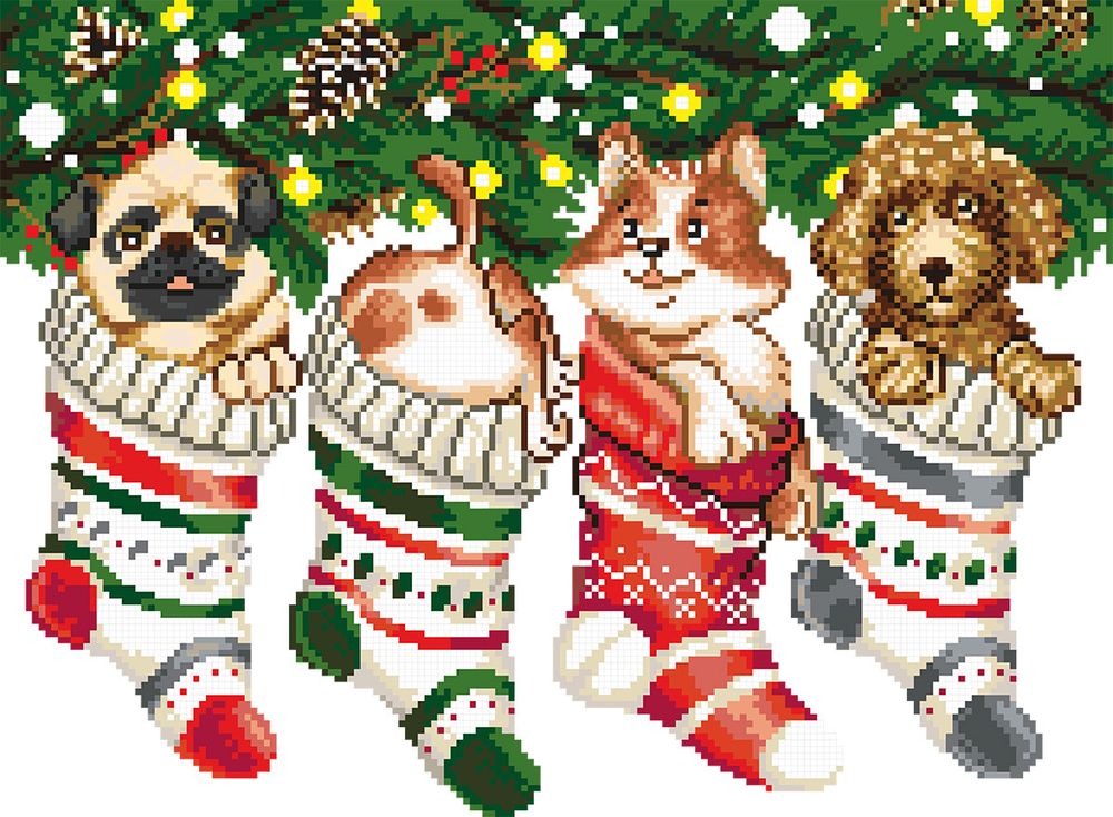 Алмазная (кристальная) мозаика Фрея, на подрамнике Щенки в носках, 40х30 см