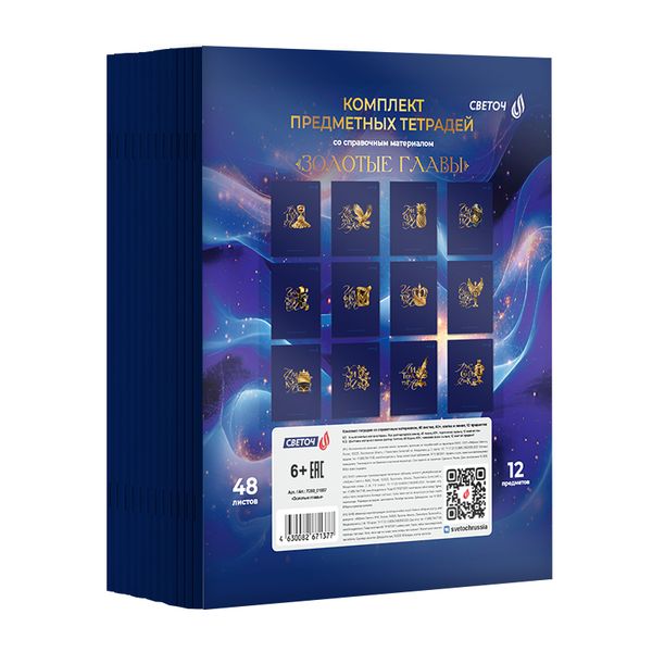Комплект тетрадей со справочными материалами Золотые главы, тисн.золот.фольгой, A5 48 л. 12 шт на скобе 65 г/м², белизна 100% 1 шт, клетка/линия, 01887 12 предметов, Светоч Т298
