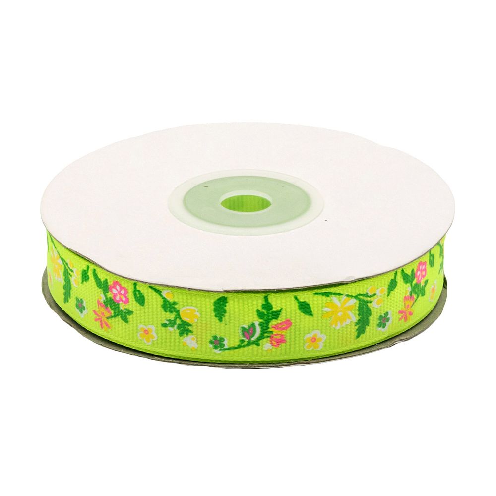 Лента репсовая (в рубчик) Цветочки маленькие 1,5см*22.86 м (желтый неон)