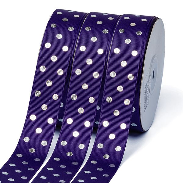 Лента репсовая (в рубчик) Горошек серебро, 25 мм, LDRS476, 476 фиолетовый, уп. 27,4 м