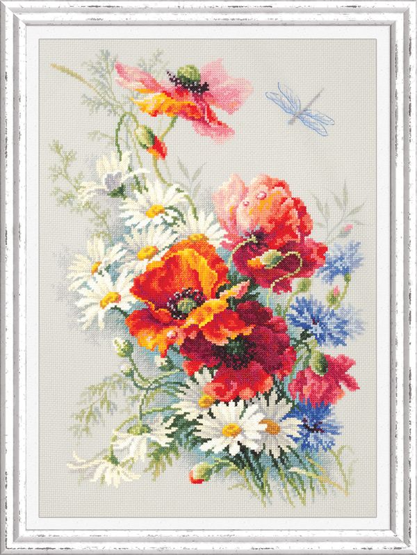 Набор для вышивания нитками Чудесная игла, Маки и ромашки 28х39 см