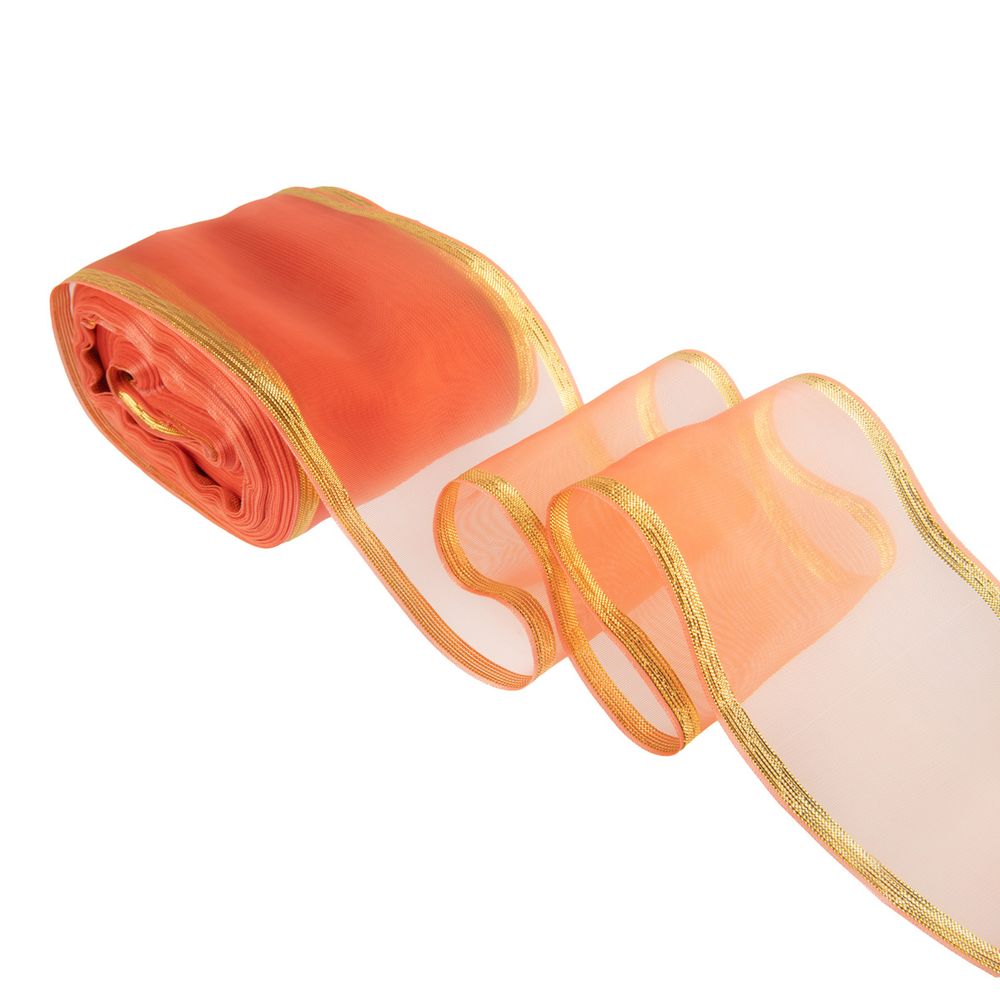 Лента капроновая для бантов 75 мм, / 25 метров, с метал. кромкой, коралловый/ под золото, Gamma С 3502 с метал. кромкой