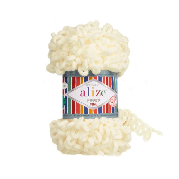 Пряжа Alize (Ализе) Puffy Fine / уп.5 мот. по 100 г, 14м, 062 светло-молочный A
