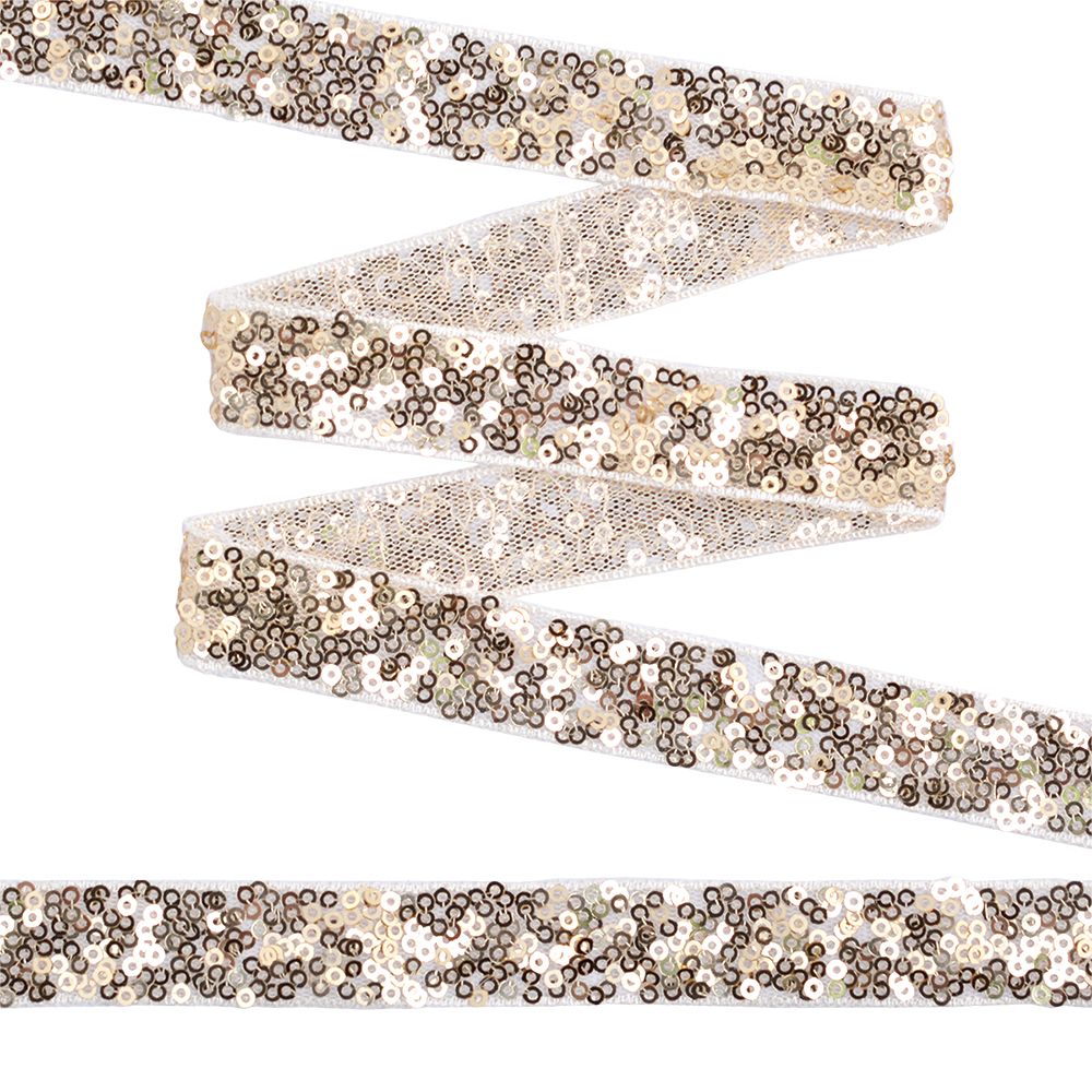 Тесьма с пайетками на сетке 20 мм, TDF02021, цв.белый+золото уп.17.82м