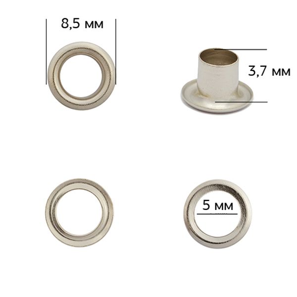 Люверсы металл ⌀_5.0 мм (внутр.), внешн. ⌀8.5 мм (внутр.), h3.7 мм (внутр.), №3, сталь, цв. никель, 1000 шт, TBY