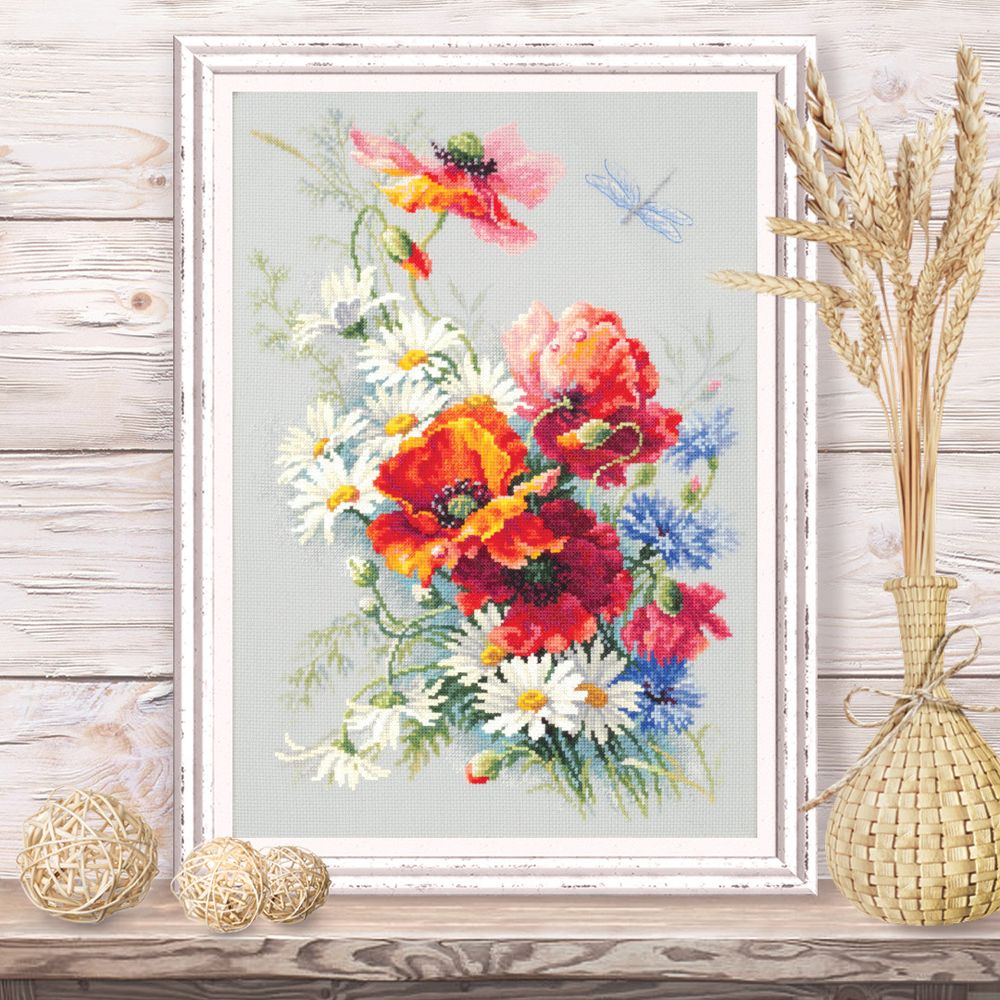 Набор для вышивания нитками Чудесная игла, Маки и ромашки, 28х39 см