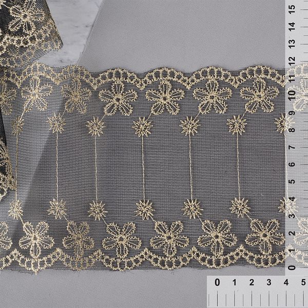 Кружево на сетке широкое 120 мм, цв.черный/золото уп. 13.71 м, Kruzhevo