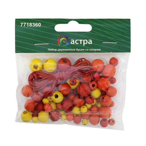 Бусины дерево набор со шнуром 6, 8, 10, 12 мм, красный микс, 21 г, 90 шт/упак, Astra&Craft, 160814