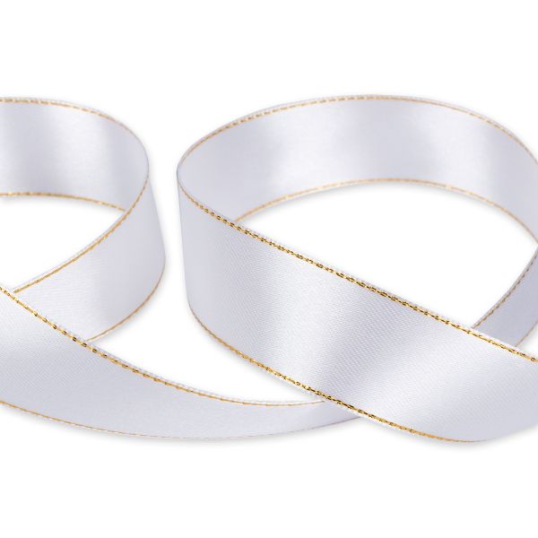 Лента атласная 2-сторонняя с метанитью 25.0 мм / 33±2 метра, №001белый/золото, Gamma AL-25M