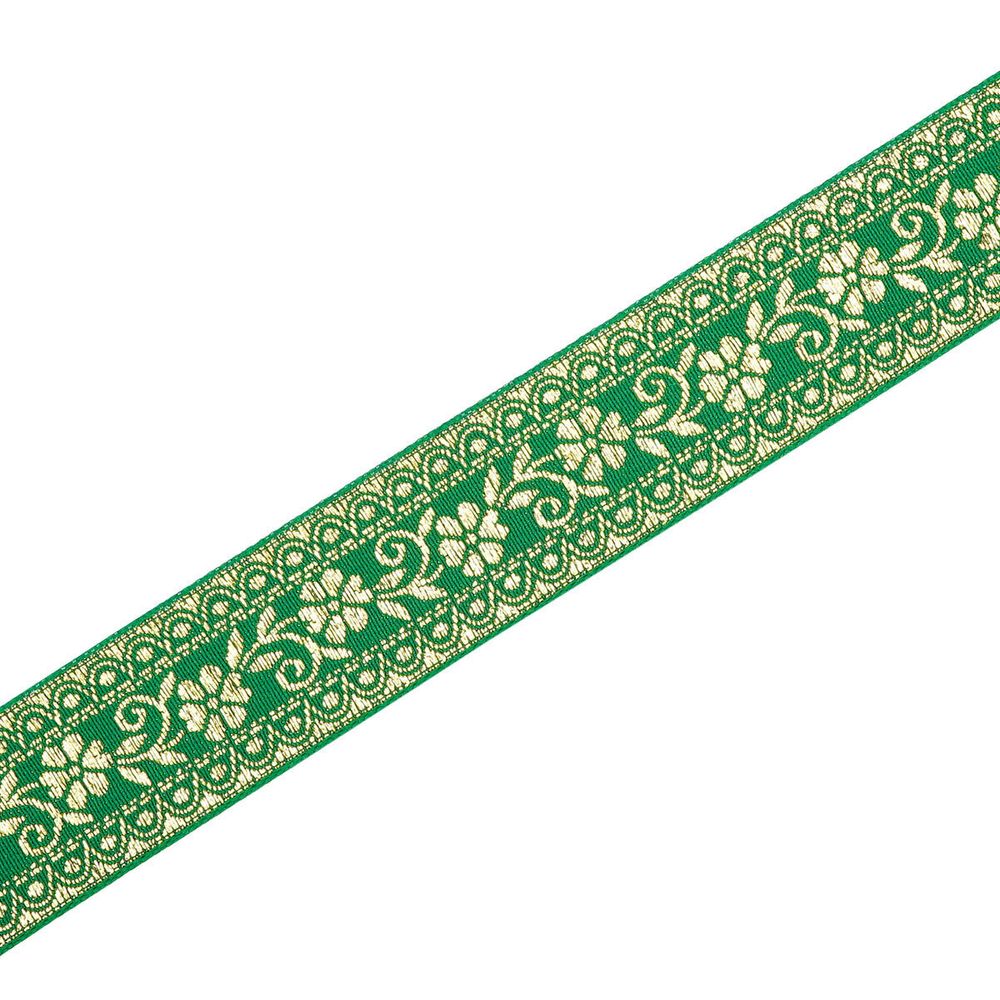 Лента (тесьма) жаккардовая 32.0 мм / 25±1 метров, с метанитом рис. 9842, зеленый/золото, С3104Г17