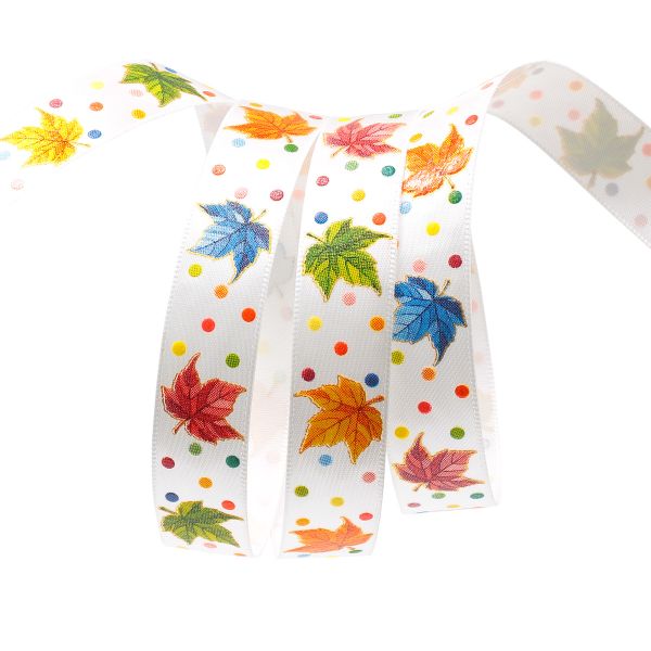 Лента атласная с надписью 16.0 мм / 22.5±1 метров, Кленовые листья, A2-001 белый, Globus