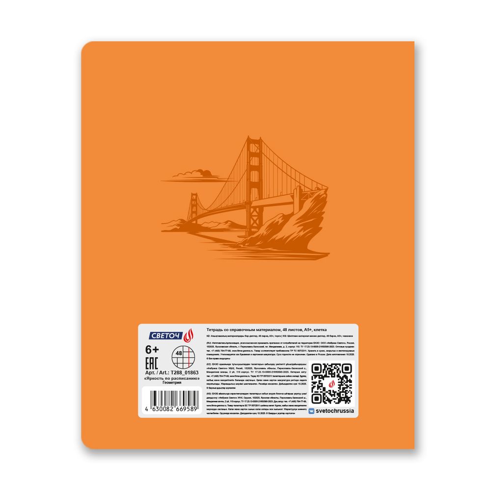 Тетрадь со справ.материал. Яркость по расписанию с запечат. пластик.обл. 320мкм, A5 48 л. на скобе 65 г/м², белизна 100% 10 шт, клетка, 01863 Яркость по расписанию Геометрия, Светоч Т288