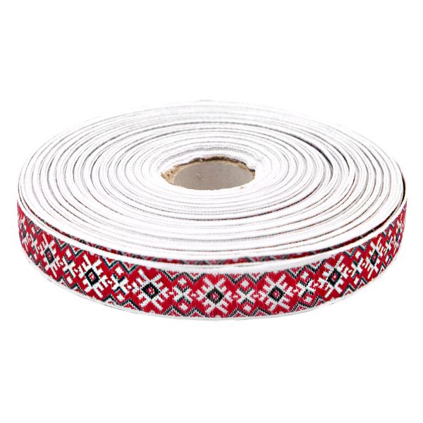 Лента (тесьма) жаккардовая 18.0 мм / 25±1 метров, Славянский орнамент Оберег, рис.9651 (2 белый/красный/черный) С3771Г17