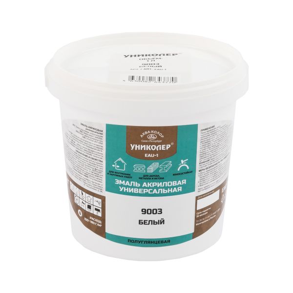 Эмаль акриловая универсальная 1 кг, RAL 9003 белый, Униколер EAU-1