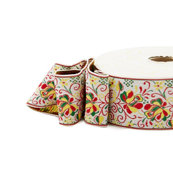 Лента (тесьма) жаккардовая 50.0 мм / 25±1 метров, рис. 9568 Гжель, (1 белый/желтый/красный/зеленый) С3379Г17