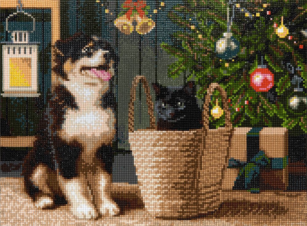 Алмазная (кристальная) мозаика Фрея ALPD-166, на подрамнике Рождество под ёлкой, 40х30 см